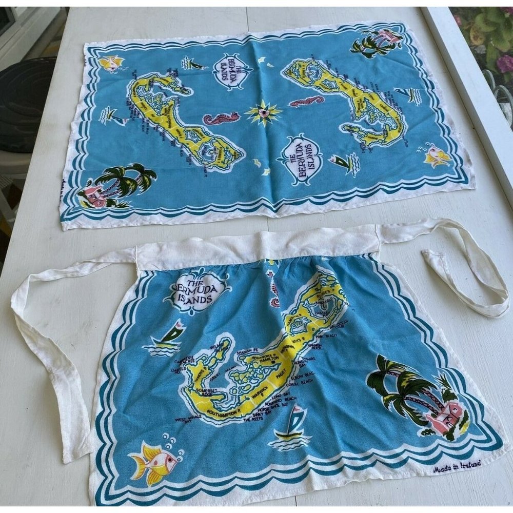 Vintage Irish Linen Apron and Towel Bermuda Map Made in Ireland Blue Tropical